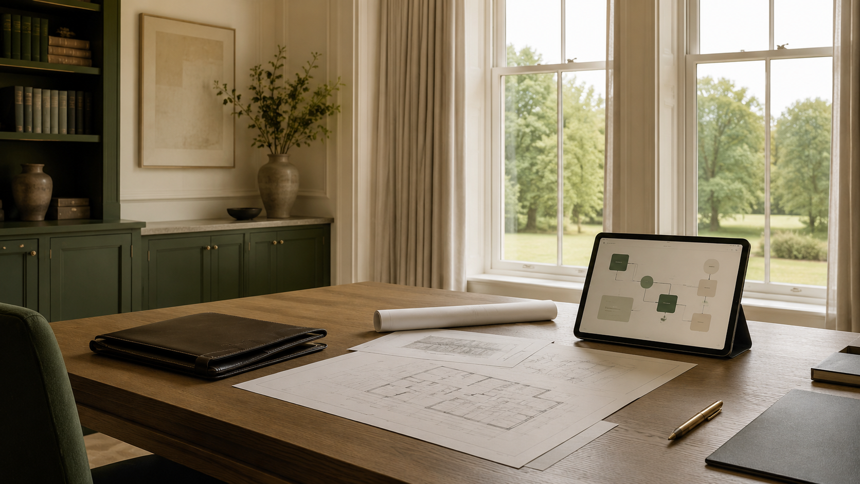 An organised private office workspace with plans and a discreet digital operations interface.