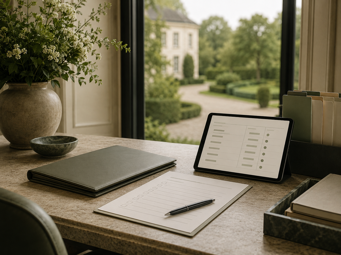 A discreet residence operations workspace with keys, plans and a tablet.